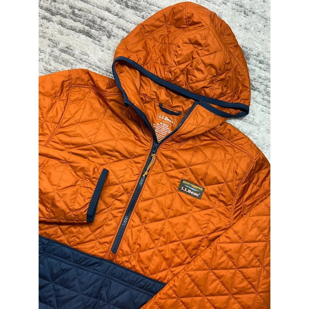 LL Bean Quilted Pullover Mens M Orange Navy Primaloft Hooded Anorak 503856